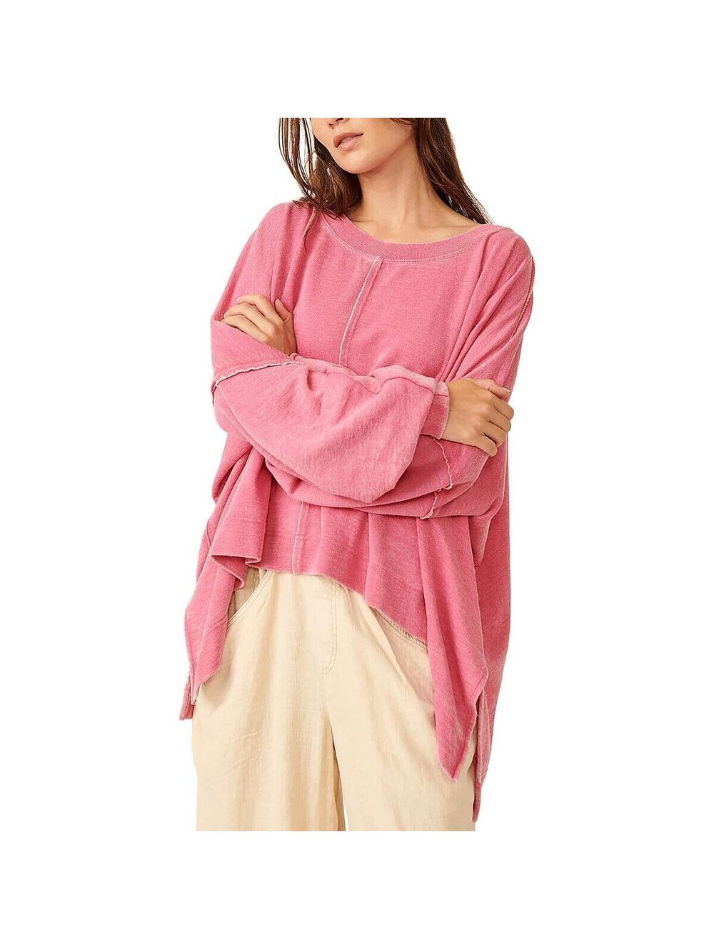 Free People Womens Daisy Split Hem Ribbed Trim Sweatshirt Pink S